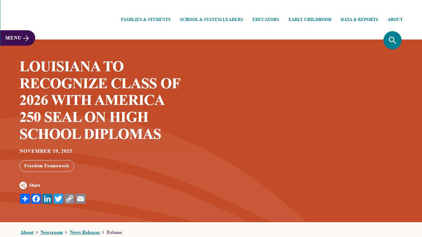 LOUISIANA TO RECOGNIZE CLASS OF 2026 WITH AMERICA 250 SEAL ON HIGH SCHOOL DIPLOMAS